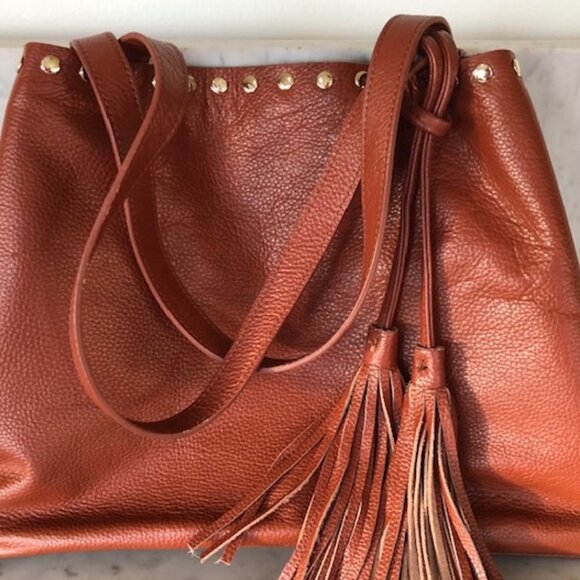 LAGGO Remy British Tan Leather Gold Studded Tassel Tote Bag NWOT - Picture 5 of 17